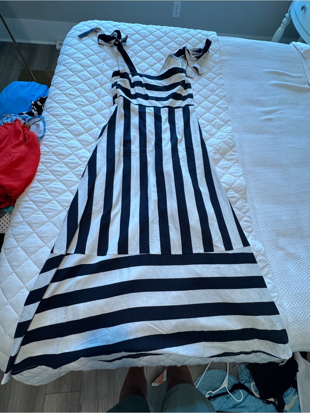 LOFT Navy and White Striped Tie-Shoulder Maxi Dress